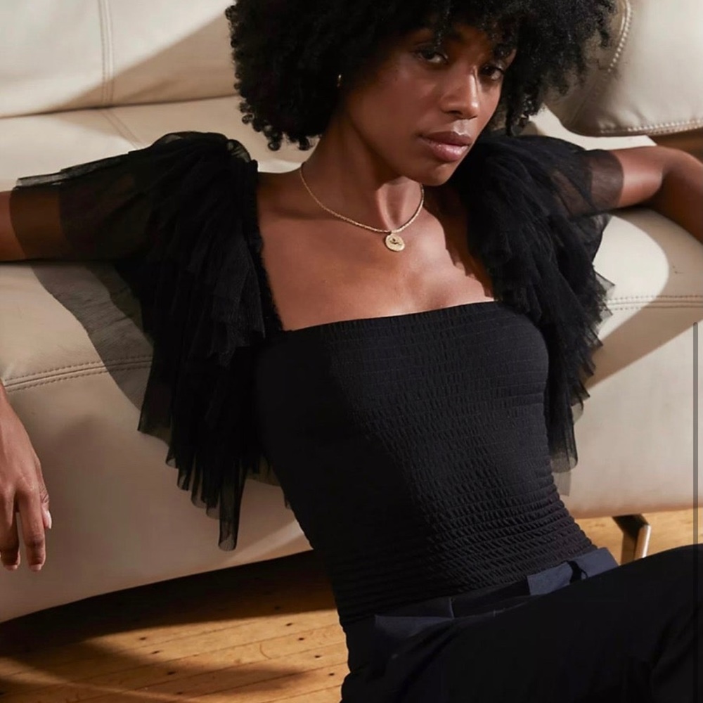 Black Body Suit with Ruffle Sleeve